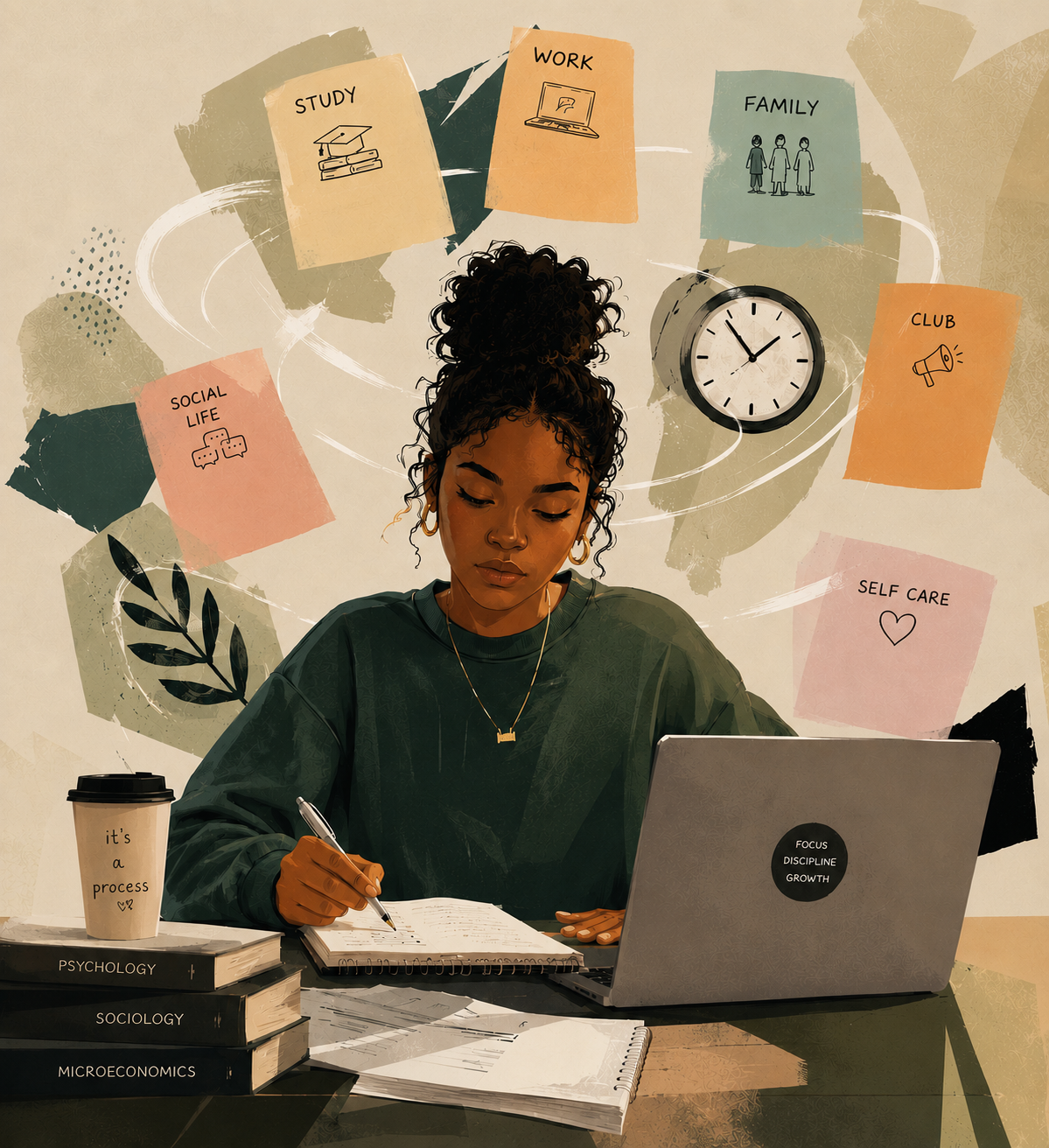 Girl working at her desk surrounded by notes listing priorities